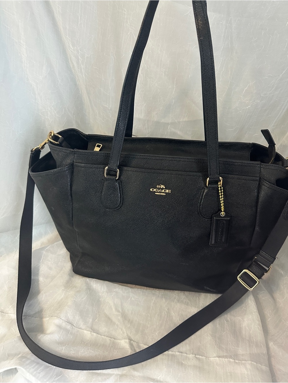 Coach Black Large Leather Tote with Gold Hardware and Crossbody Strap